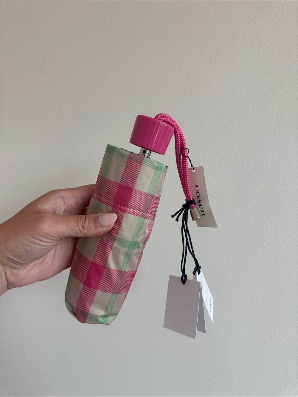 Coach Pink and Green Plaid Compact Umbrella